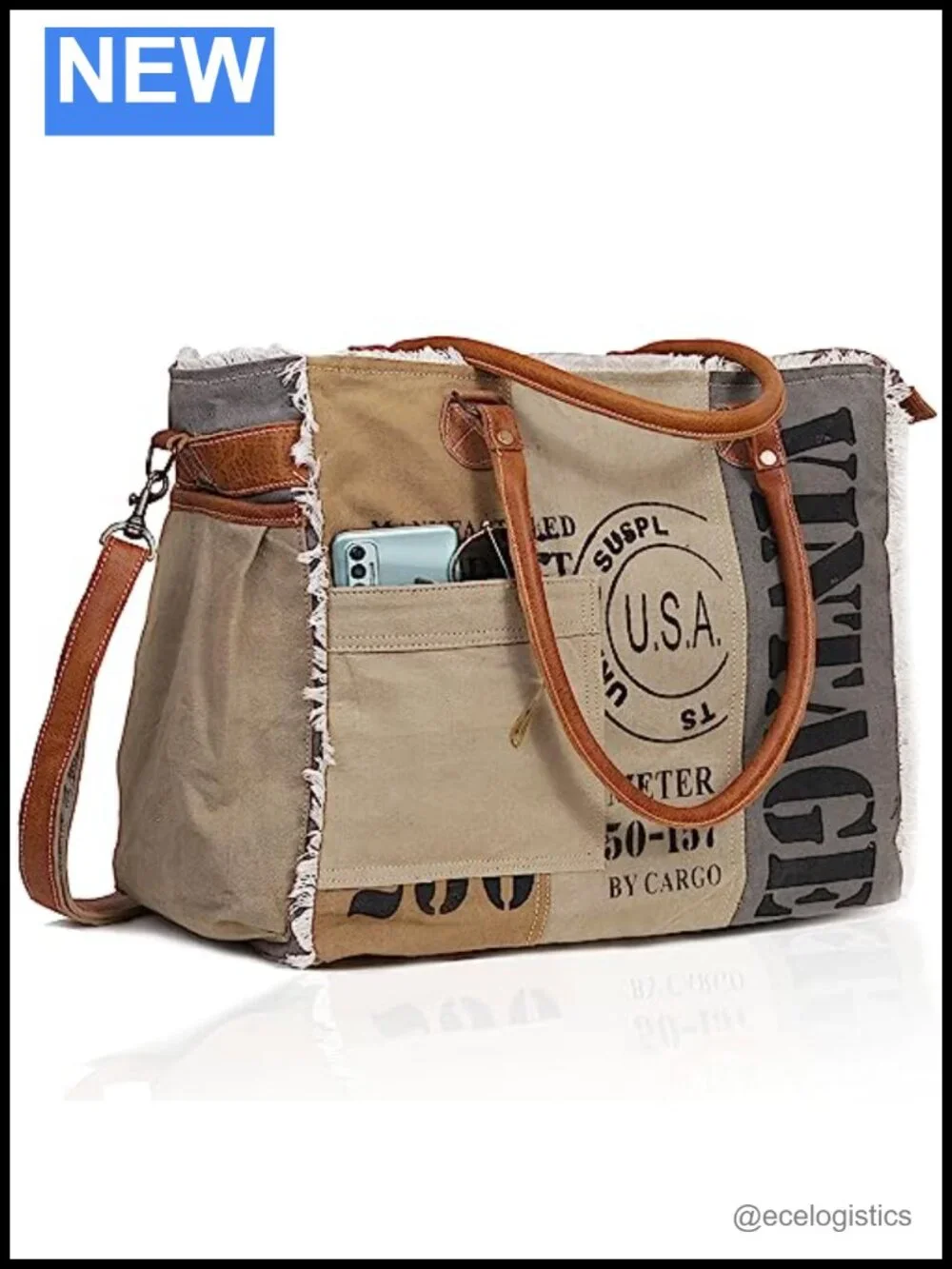 Vintage Patchwork Canvas Tote Bag with Leather Handles